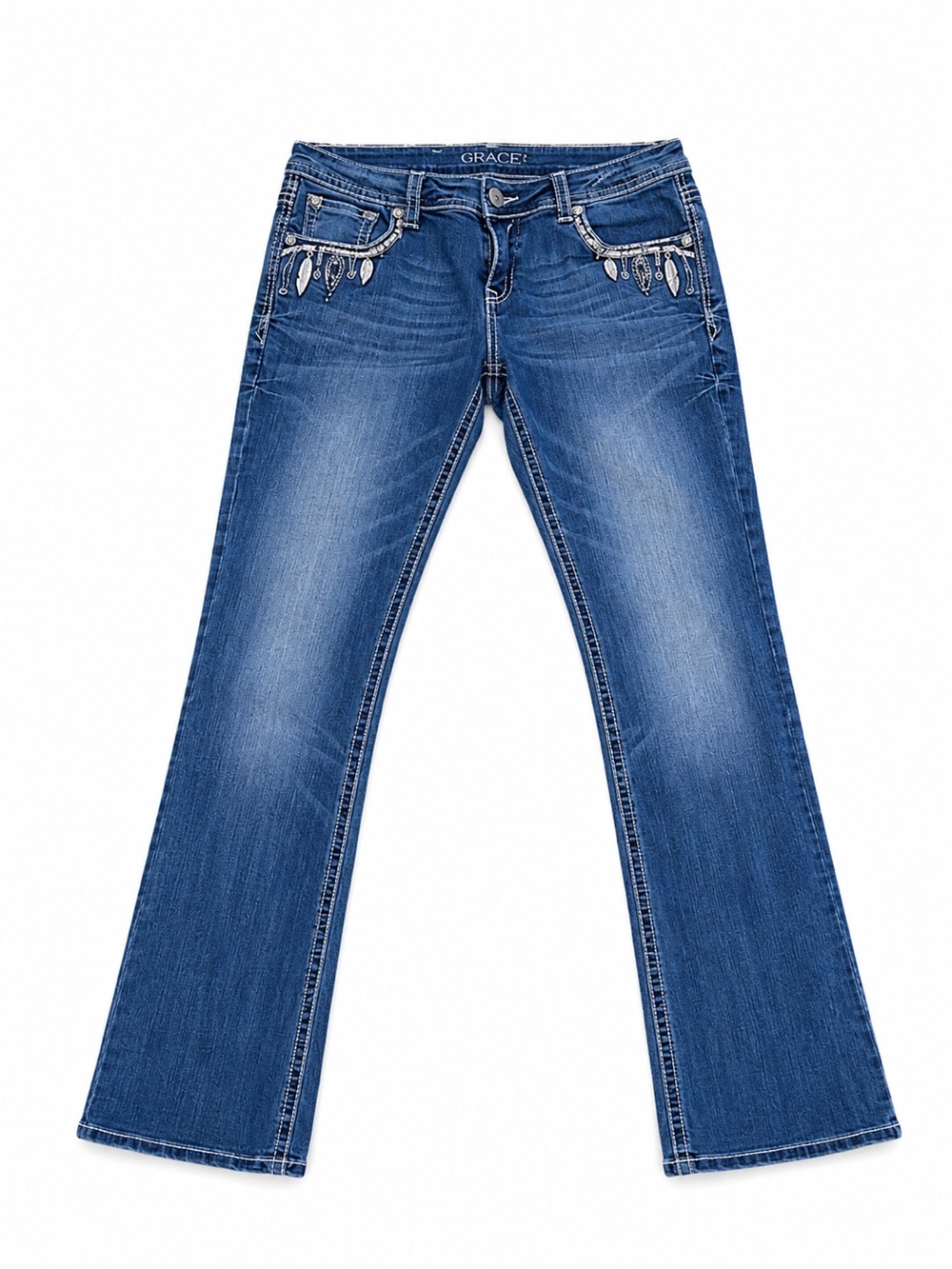 Grace in LA Womens Bootcut Jeans Feather Dreamcatcher Bling Western Y2K Size 31